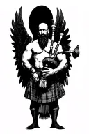 legless shirtless muscular bagpiper bald black beard playing bagpipes hoge black wings tattoo design idea