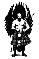 legless shirtless muscular bagpiper bald black beard playing bagpipes hoge black wings tattoo design idea