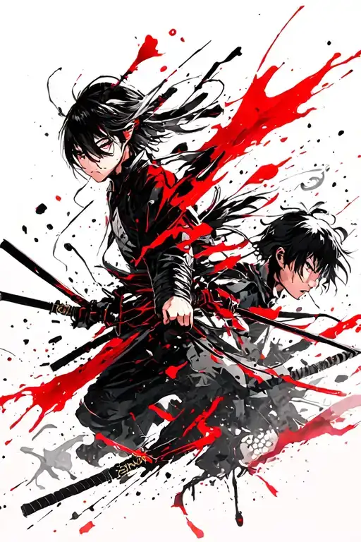 anime, genshin impact, rayden shogun, while attacking, multiple characters tattoo design idea