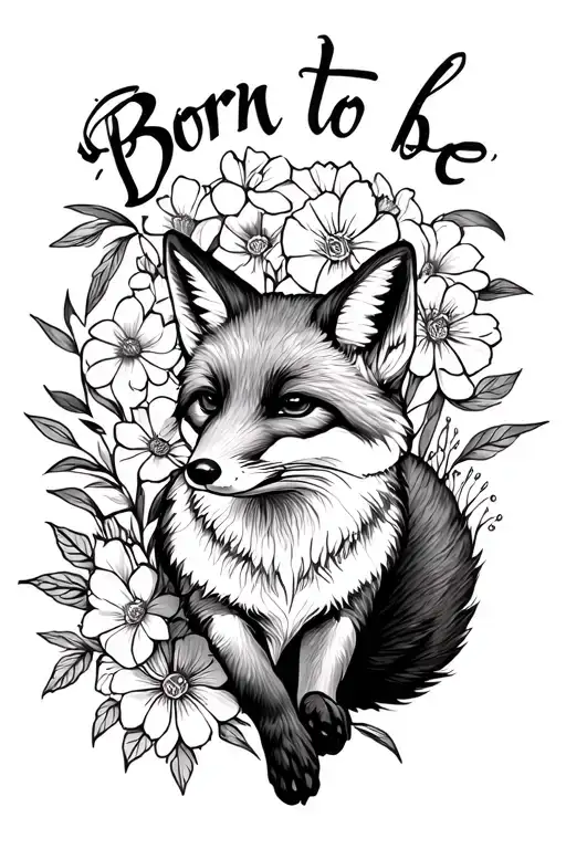 inscription Born to be, running fox and flowers tattoo design idea