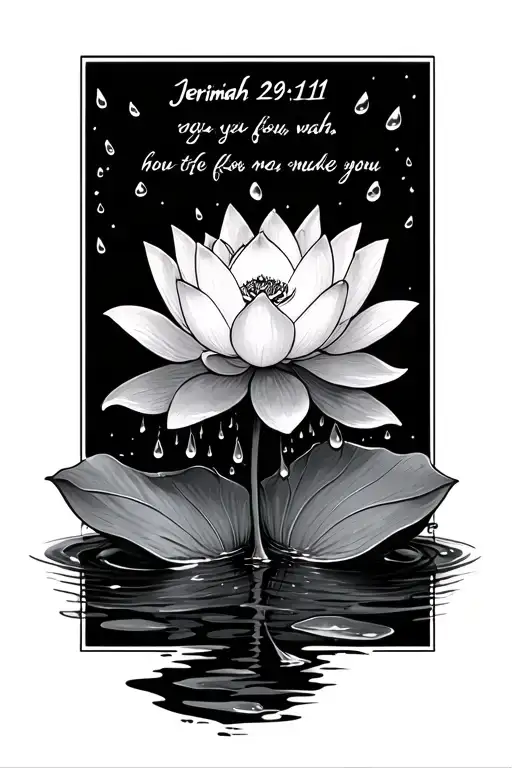 lotus with water droplets dropping into the lotus flower blooming, add the scripture jerimiah 29:11 tattoo design idea