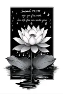 lotus with water droplets dropping into the lotus flower blooming, add the scripture jerimiah 29:11 tattoo design idea