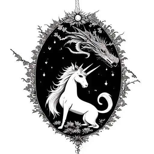 An intricate design combining elements of unicorns, dragons, and cats in a mystical forest setting tattoo design idea