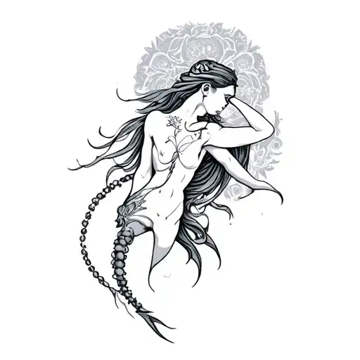 unique Aquarius tattoo on the upper thigh black and white color infused  tattoo design idea