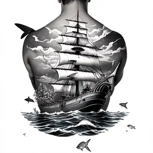 Ocean Theme back piece tall ship and underwater scene with a tiger shark and tropical reef fish tattoo design idea