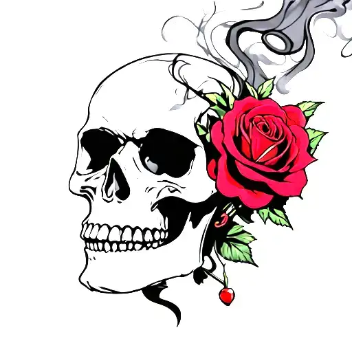 black and gray skull red rose smoke swirling tattoo design idea