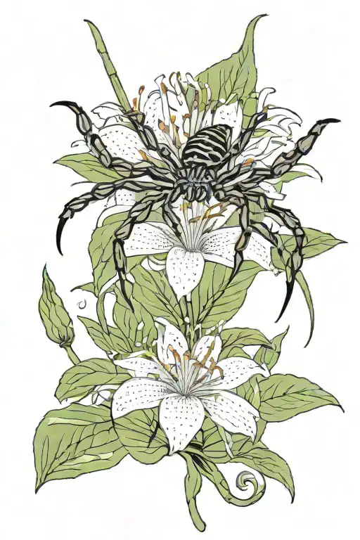 ein centipide crawling up a spider lilly flower blooming, with a little christian touch like a crist cross  tattoo design idea