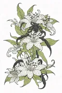 ein centipide crawling up a spider lilly flower blooming, with a little christian touch like a crist cross  tattoo design idea