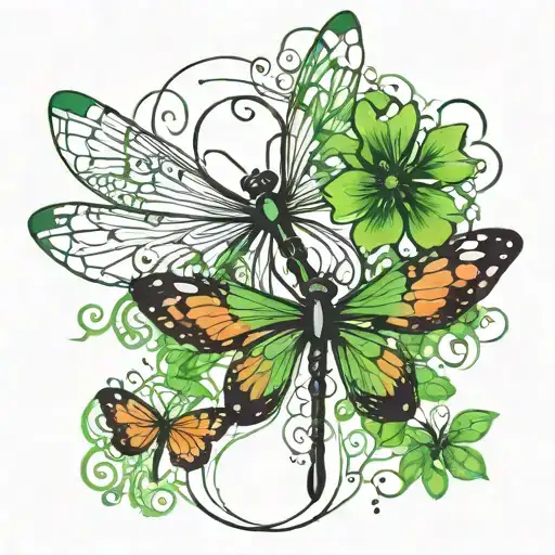 four leaf clovers, dragonflies pain grief tattoo design idea