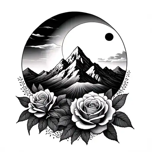 mountain landscape, rose growing, sun and moon, mandala tattoo design idea