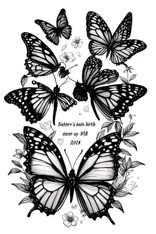 Sister's birth date with butterflies tattoo design idea
