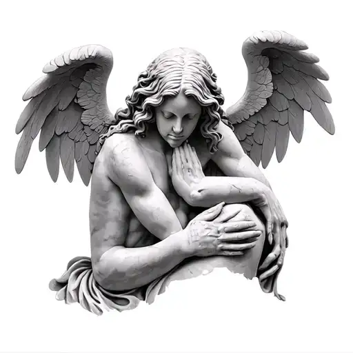 weeping realistic stone angel holding a demon tattoo design idea