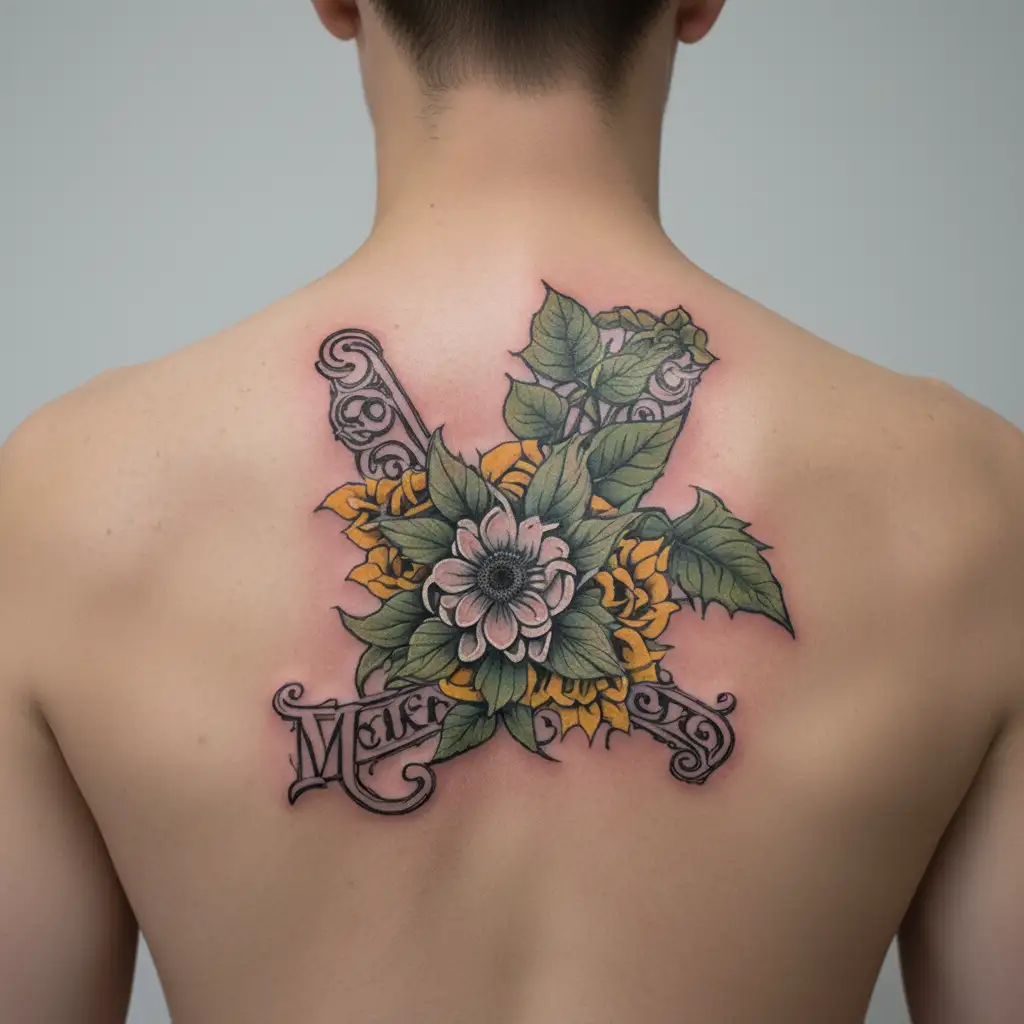 Chicano style cursive spelling out Melissa surrounded by weed nugs leafs and sunflowers and roses  tattoo design idea