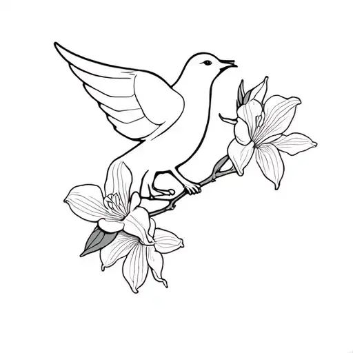 Dove placed on an orchid branch with 3 flowers surrounding tattoo design idea