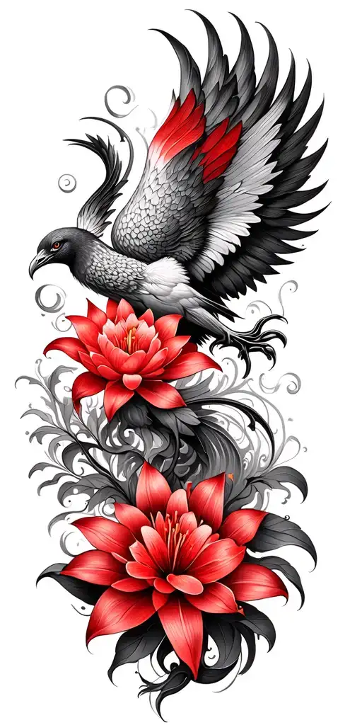 multiple fine line lotus and red Lilly flowers and phoenix intertwined  tattoo design idea