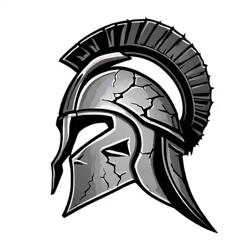 A battle-worn Spartan helmet with deep cracks, symbolizing resilience, discipline, and unbreakable will. The helmet is s tattoo design idea