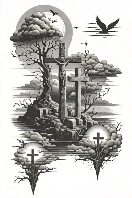 black and white full sleeve of Golgotha with three crosses fading into sunset and clouds with a space scene on the upper tattoo design idea