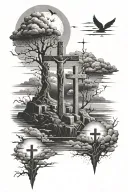 black and white full sleeve of Golgotha with three crosses fading into sunset and clouds with a space scene on the upper tattoo design idea