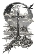 black and white full sleeve of Golgotha with three crosses fading into sunset and clouds with a space scene on the upper tattoo design idea