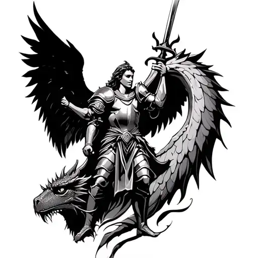 can u make a tattoo stencil of angel warrior with armour of God standing above dragon head putting sword through head 2d tattoo design idea