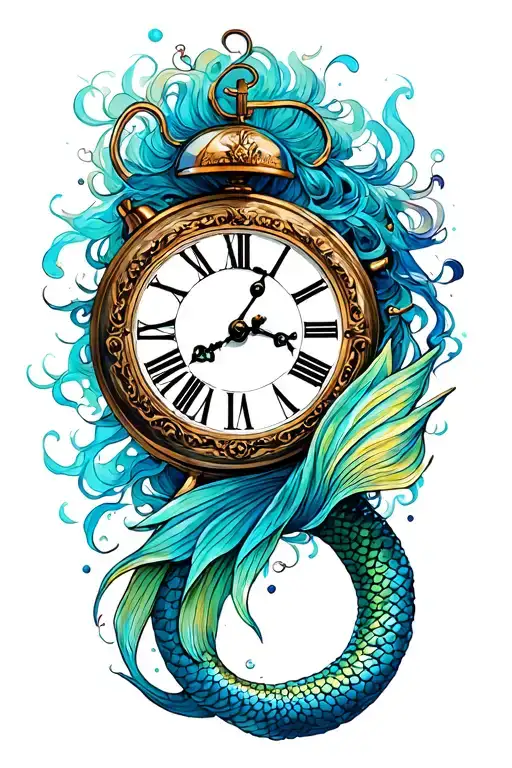mermaid silouet mixed with clock inside tattoo design idea