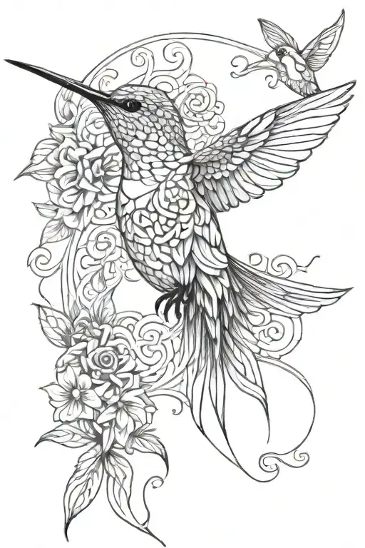 a humming bird only made out of Celtic knots with a regular pretty floral background that is not made of Celtic knots  tattoo design idea