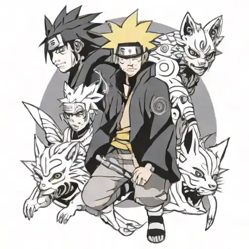 Naruto in Sage Mode with Kurama, Minato, ANBU masks, Sharingan, tattoo design idea