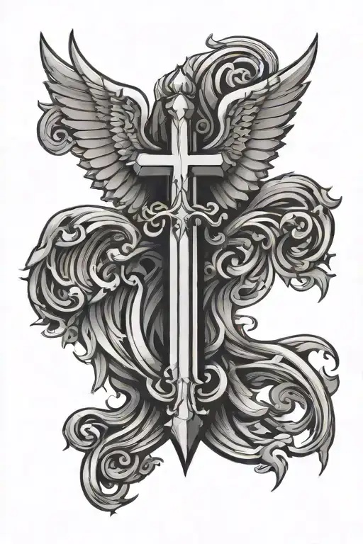 simple elegant classy angelic wings with a bold sharp double edged sword resembling a cross bordered with whimsical note tattoo design idea