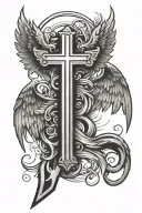 simple elegant classy angelic wings with a bold sharp double edged sword resembling a cross bordered with whimsical note tattoo design idea