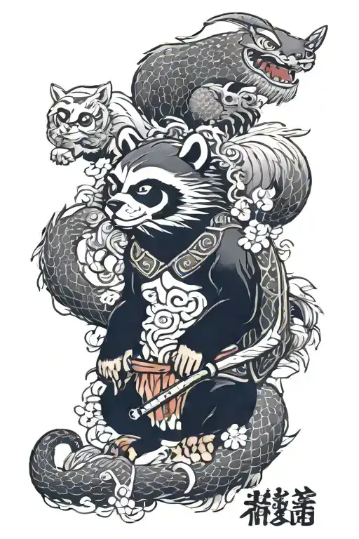 A raccoon, a gorilla, a wolf, a pig, a panda, a penguin, a duck, an owl, a lion and a dragon tattoo design idea