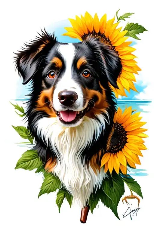 color, black and white Australian shepherd, brown and white Australian shepherd, sunflowers, wood boat, pool cue tattoo design idea