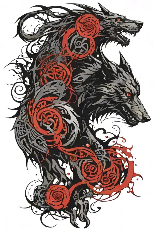 fenrir with gemini zodiac and runes tattoo design idea