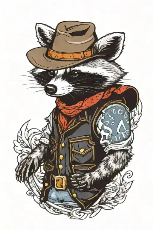 racoon with a denim vest and cowboy hat tattoo design idea