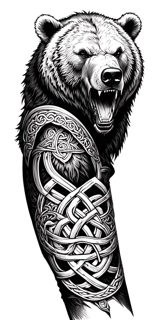 armor arm sleeve with celtic knots and roaring bear head tattoo design idea