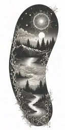 flowing waves, surrounded by a mystical forest scene,subtle elements of sacred geometry and glowing stars and light tattoo design idea