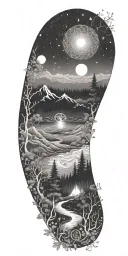 flowing waves, surrounded by a mystical forest scene,subtle elements of sacred geometry and glowing stars and light tattoo design idea