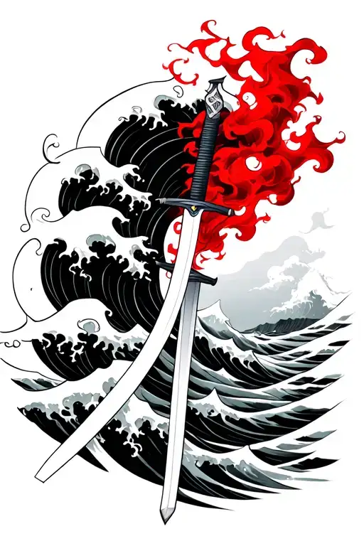 a japanese style, where there is a katana with red smoke and the background is ocean wave tattoo design idea