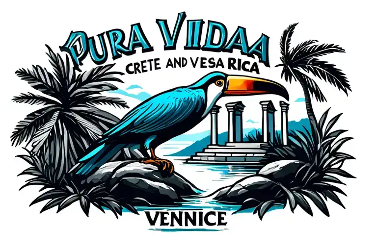 costa rica landscape, crete and venice, pura vida logo, toucan, greek colonel, greek chapel with blue roof, tattoo design idea