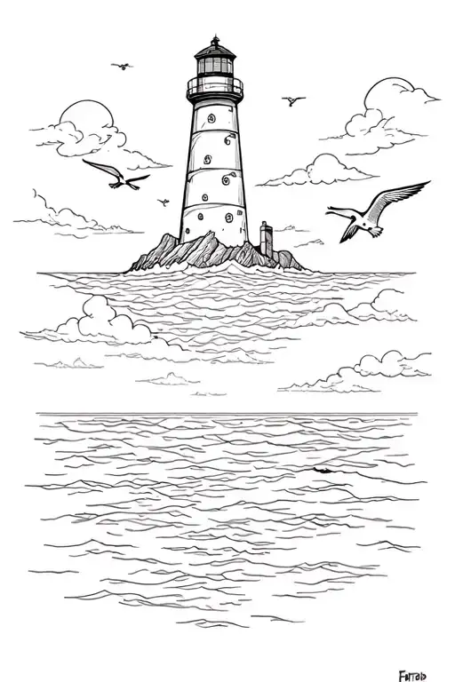 Faro in the middle of the sea with landscape, clouds and seagulls tattoo design idea