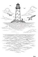 Faro in the middle of the sea with landscape, clouds and seagulls tattoo design idea
