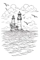 Faro in the middle of the sea with landscape, clouds and seagulls tattoo design idea