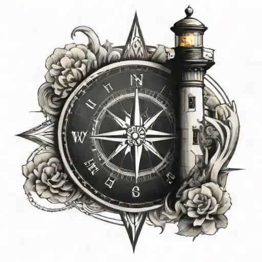 A stylized compass with a lighthouse at its center, soft light rays, waves below, and a sense of movement and guidance tattoo design idea