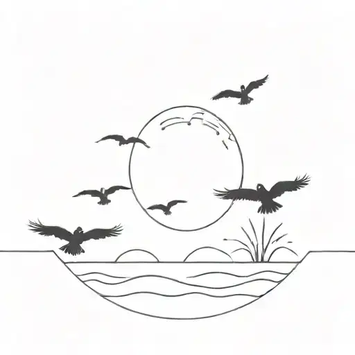 Water with sun setting on the horizon and three black birds flying  tattoo design idea