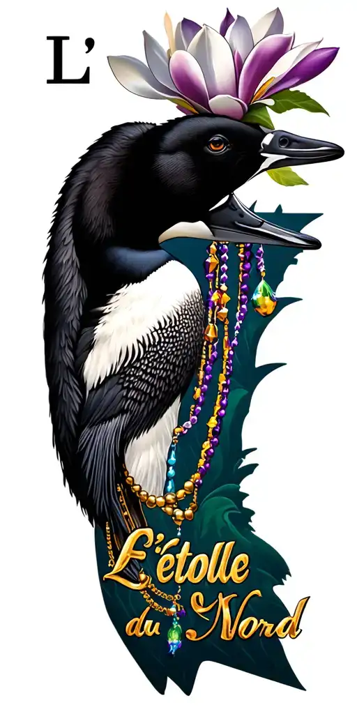 Minnesota and New Orleans theme with Mardi Gras beads, loon, the phrase L'Étoile du Nord, with magnolia  tattoo design idea