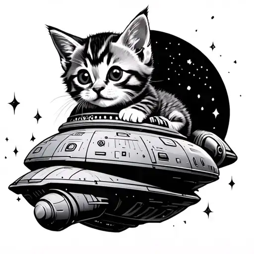 kitten riding a spaceship tattoo design idea