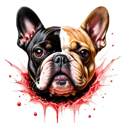 The head of a French bulldog, one half black and the other beige, emerges from beneath the bursting flesh. The entire ta tattoo design idea