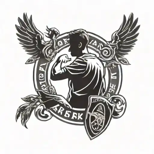 A silhouette of a foster carer holding hands with their children, with Arsenal FC logo in the background tattoo design idea