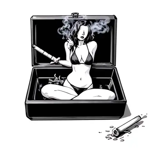 a cigaret in an ashtray and the smoke is creating a silouete of a sexy woman in a bikini with no face tattoo design idea