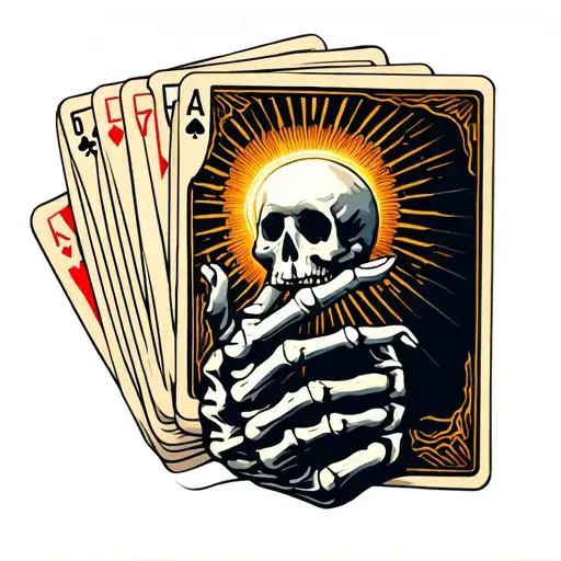 skeleton hand holding cards that have a design on them that symbolize karma with real looking sun shine rays on the top  tattoo design idea