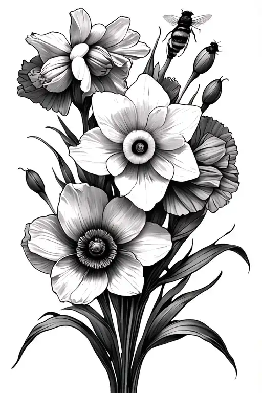 daffodils with poppies and a bee fine line tattoo tattoo design idea